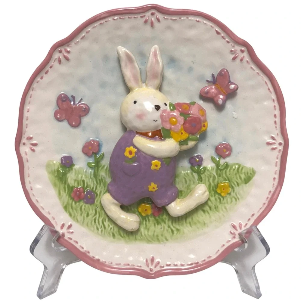 Set of 3 3-D Easter Bunny Rabbit Plates Spring‎ Figurines Butterflies Flowers
